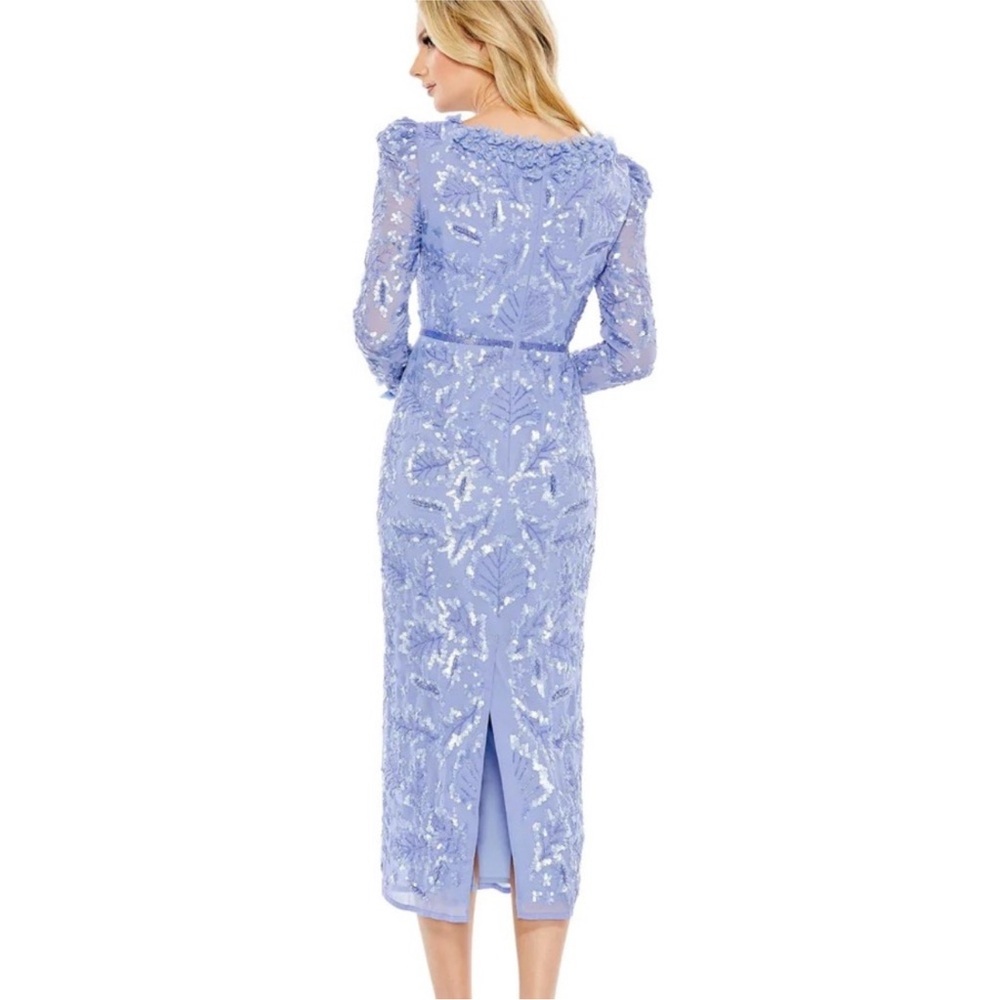Mac Duggal Periwinkle Floral Ruffle Neck Long Sleeve Sequin Midi Dress Size 6 - Picture 3 of 4